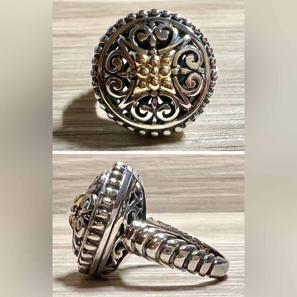 Designer Signed AE Sterling Silver & 14K Gold Open Work Ring, Size 7, 8.1g